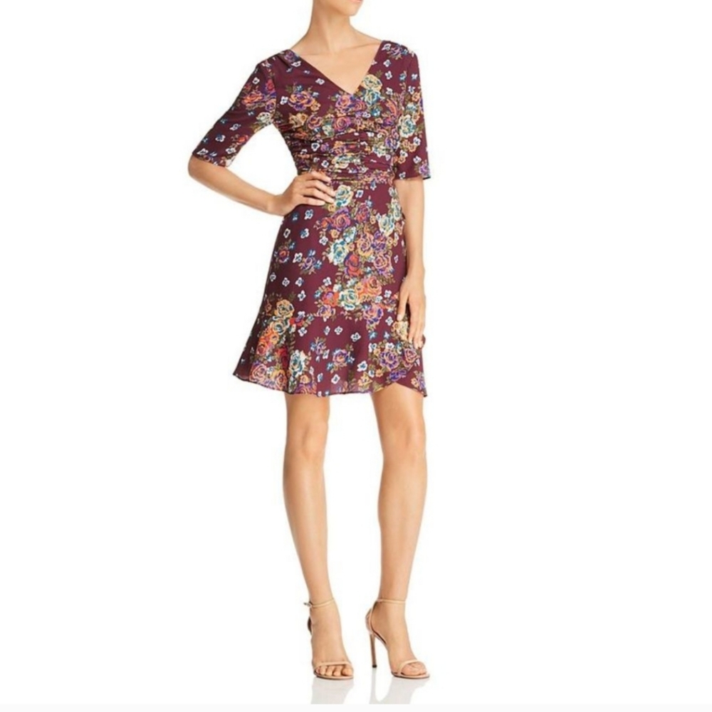 Wayf Gabby Floral Print Ruched V-neck Elbow Length Sleeve Minidress